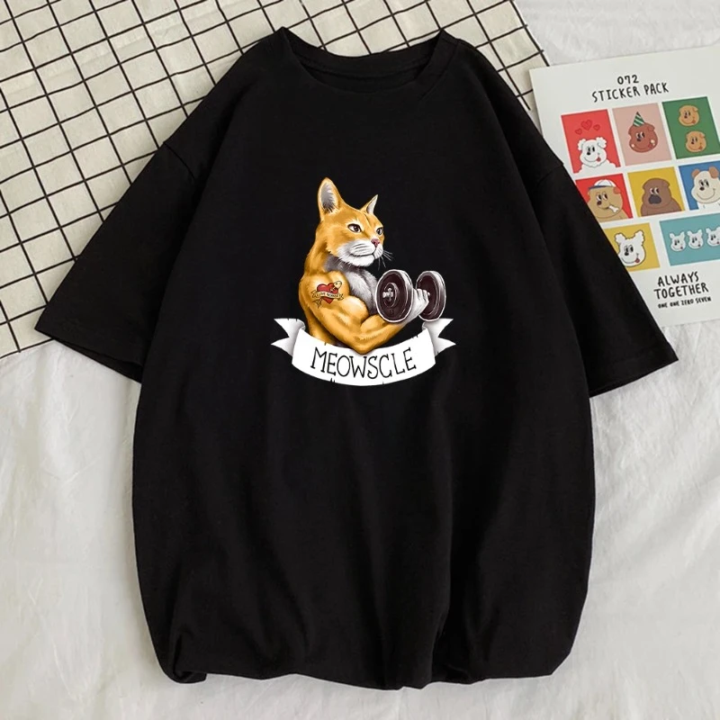 Meowscle The Cat Has Been Lifting Dumbbells Male Short-slee Tshirts Harajuku Vintage Tshirt Humor T Shirt  Men Breathable Tops