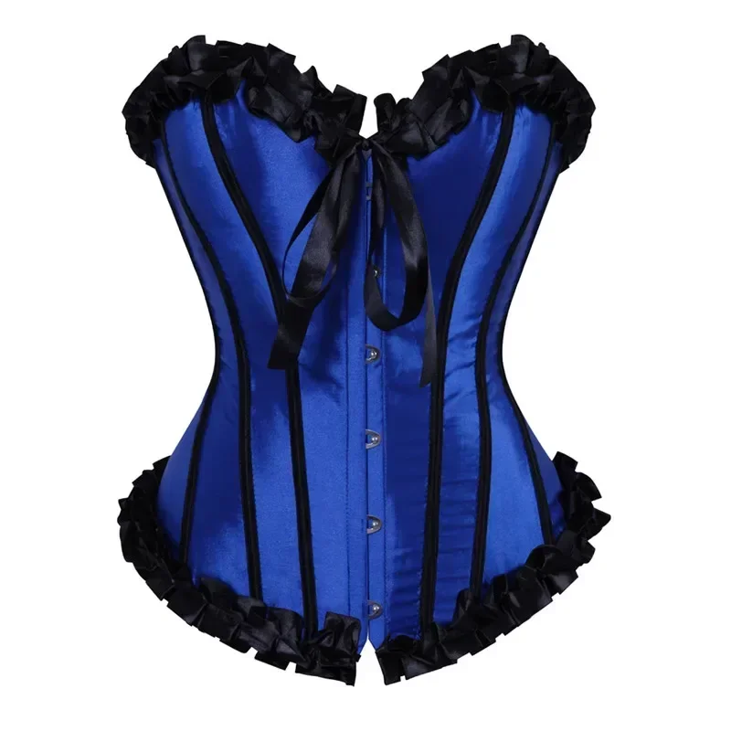 Lace Up Corset Top Vintage Gothic Striped Sexy Satin Overbust Bustier Shaper Victorian Women Korsett Blue Green Red Pink