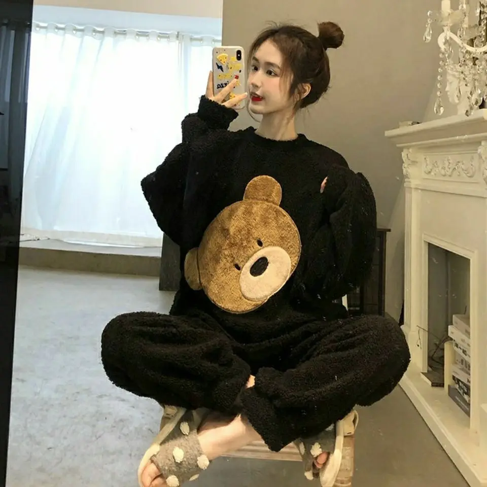 Women's Winter Thickened Velvet Set Coral Velvet Ins Little Bear Cute Home Clothes