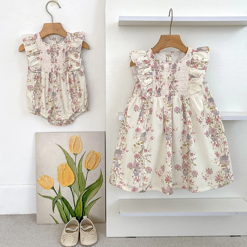 

Girls Pink Floral Dress Ruffle Baby Romper Dress Summer Kids Short Sleeve Beach Dresses Toddler Bodysuit Sister Family Clothes