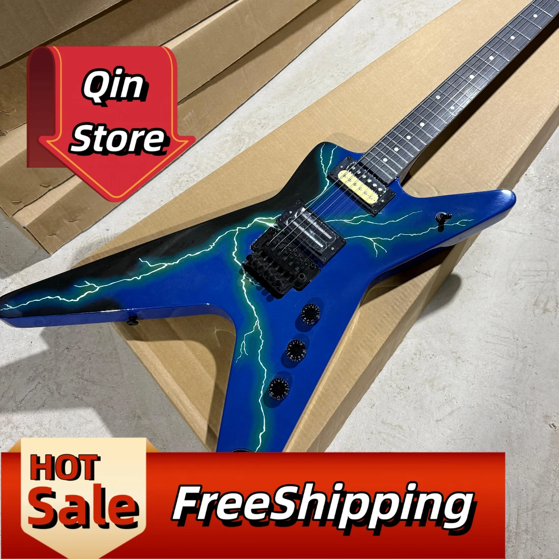 Dean Dimebag Deep Blue Lightning Fork Electric Guitar HB Pickups Black Blue Gradient+White Lightning Spray Paint Floyd Rose