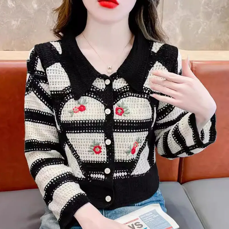 مملة العسل الفرنسية الرجعية مخطط الجوف الأعلى المطرزة زهرة معطف سترة مشغولة من الصوف المرأة أوائل الخريف موضة الحلو الرياح ل #2