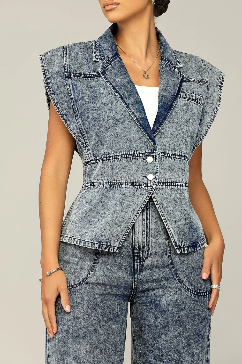 Women's Denim Plus Size Matching Set Lapel Collar Waistcoat High Street Sleeveless Wide Leg Jeans Two Piece Pant Sets 2024