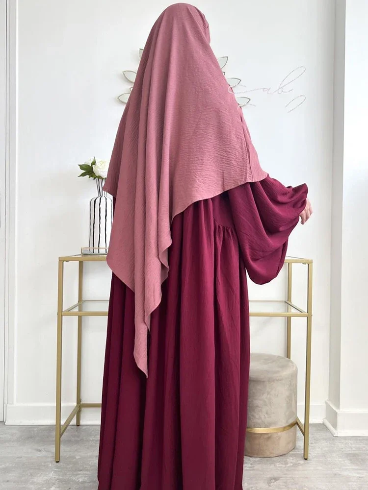 Eid Muslim Women Abaya Long Khimar with Dress 2 Piece Set Prayer Lantern Sleeve Dress+1 Layer Jazz Crepe Hijab Ramadan Kaftan