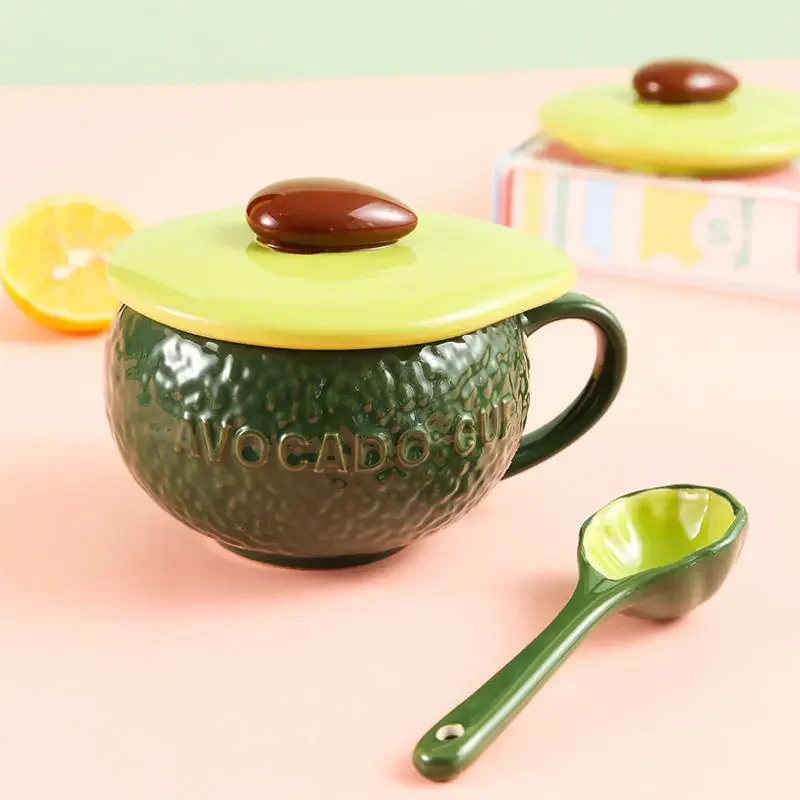 Avocado Coffee Cup Lovely Fruit Hand Painted Underglaze Ceramic Tableware Breakfast Cup with Lid Spoon Office Couple Home