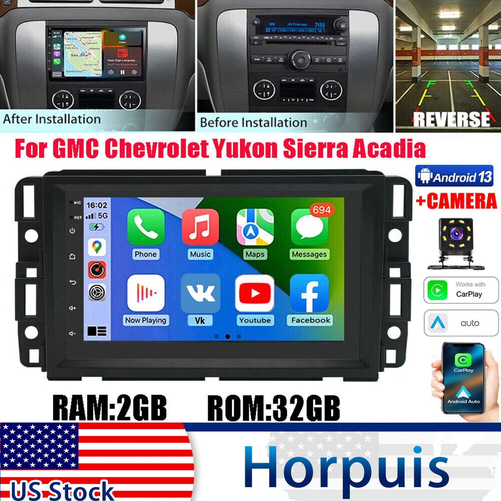 Android 13 Car Stereo GPS Navigation 4+64G for S-ilverado 2007-2018 GMT900/K2XX, for Tahoe 2007-2014 GMT900 with Carplay Android Auto 7in Car Radio with Bluetooth FM/RDS DSP WiFi SWC Split Screen + AHD Backup Camera Mic