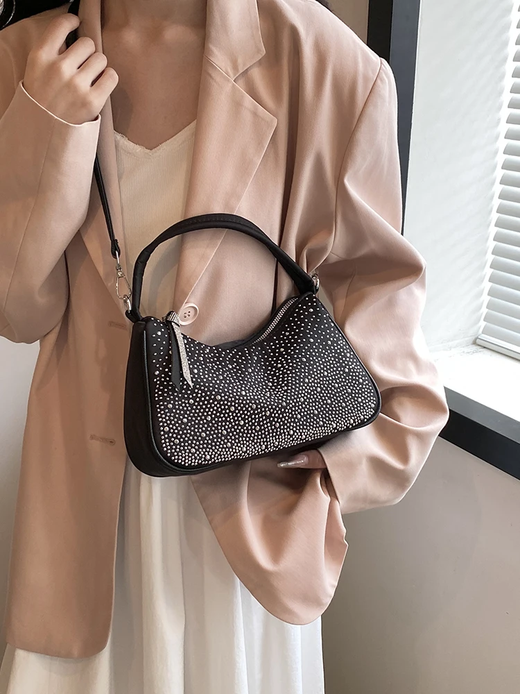 High-end Textured Rhinestone Crossbody Bag Women Black Fashion Nylon Commuter Handbags 2024 Lady Shoulder Bags