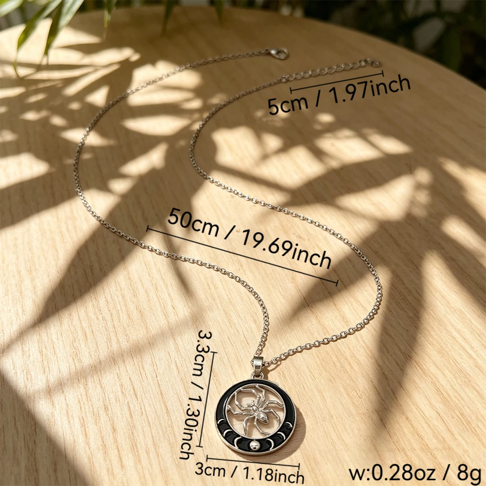 Gothic Style Dark Series Black Base Moon Phase Pattern 3D Spider Necklace Hollow Metal Spider Halloween Personalized Versatile Necklace
