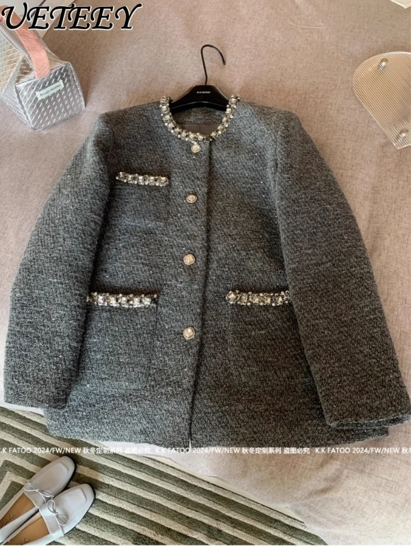 Rhinestone Tweed Coat Women Autumn and Winter Sequined Round Collar Single-breasted Jackets Temperament Gray Elegant Clothes