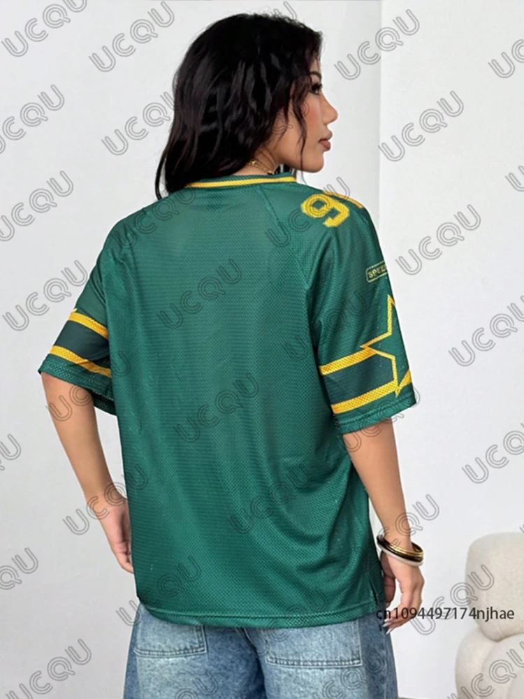 Oversized T-shirt For Women Short Sleeve Summer Patchwork Green Speed 91 Print Casual V-Neck Tees Sports Football Jersey Y2k Top