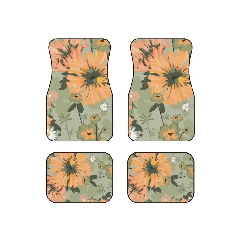 Floral Sunflower Vehicle Car Mat Set of 4, For Women, Front Seat Floor Mats, Backseat Boho Floor Mats, Tropical Print Floor Mats