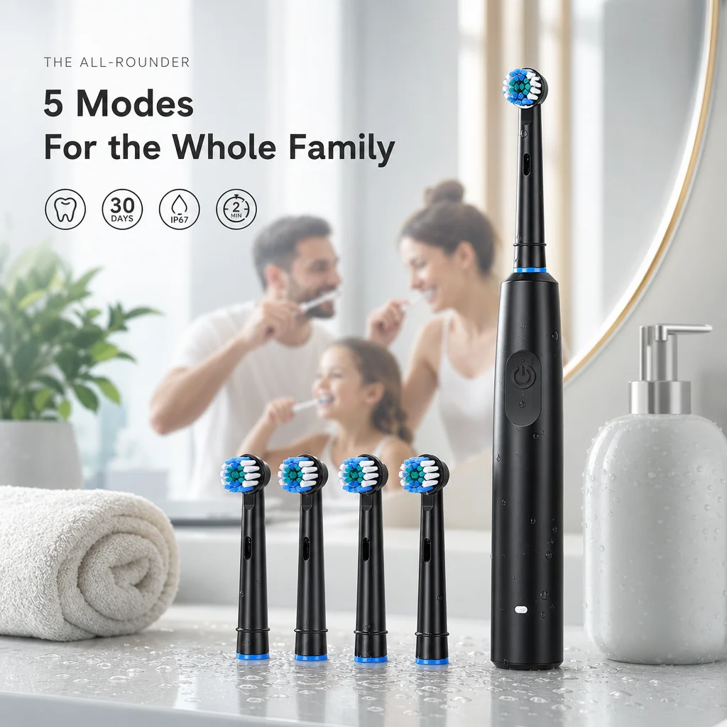 Rotating Electric Toothbrush for Adults 5 Modes 4 Brush Heads 7500RPM 30-Day Battery Life IP67 Waterproof 2-Min Timer USB Rechargeable Oral Care for Home Travel Black White