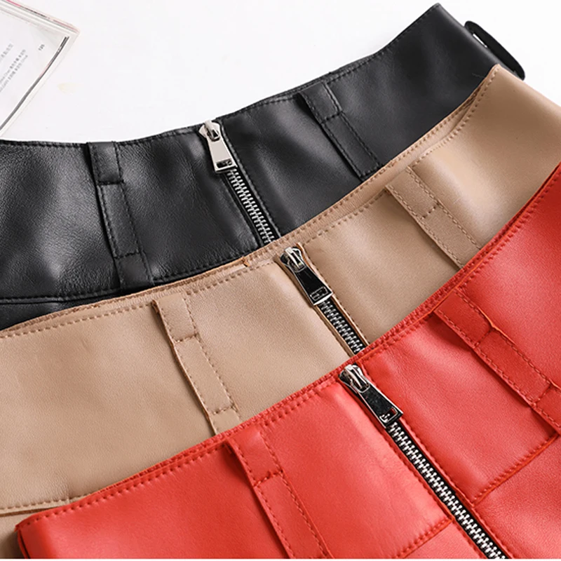 Women Shorts Genuine Leather Pants Feminino 2024 Winter Harajuku Beige Casual Zipper Wide High Waist Loose Leg Pantalones