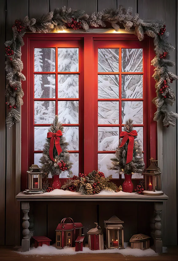 Mehofond ฉากหลังหน้าต่างในร่มคริสมาสต์สีแดงสำหรับฤดูหนาวของตกแต่งต้นคริสต์มาสเสาสำหรับเด็กสตูดิโอถ่ายภาพบุคคลสำหรับผู้ใหญ่