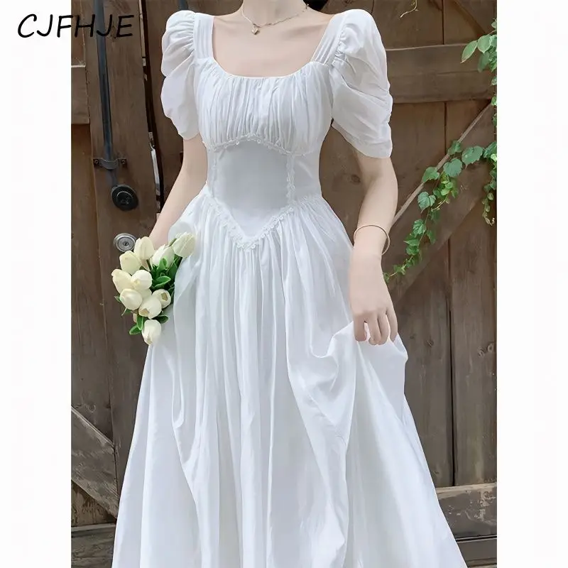 CJFHJE Women's White Square Collar Lace Patchwork Fairy Elegant Party Long Dresses Summer Fashion Short Sleeve Dress Vestidos