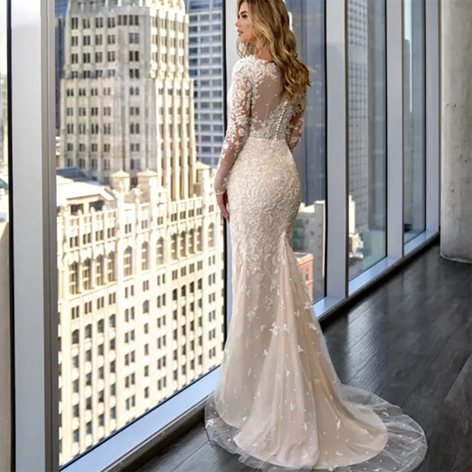Charmante Brautkleider im Meerjungfrau-Stil mit herzförmiger Spitze und Applikationen 2025, Illusion mit Hofschleppe, Tüll-Brautkleider für Frauen