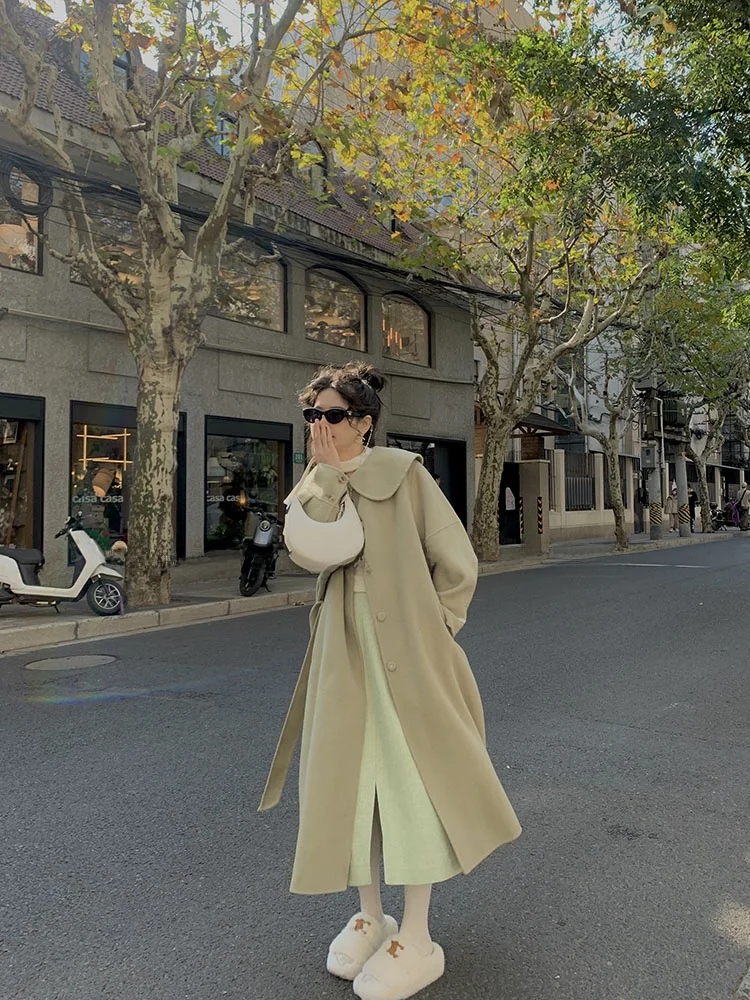 

Handmade Full Woolen Greenish Yellow Double-sided Woolen Coat Women's Doll Collar Tweed Jacket Autumn Winter Korean Style