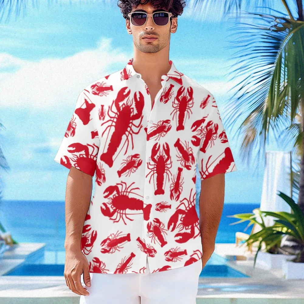 

Summer Hawaiian Shirt Shrimp Print Harajuku Tops Fashion Men Beach Shirt Party Luxury Y2k Shirts Short Sleeve Streetwear Clothes