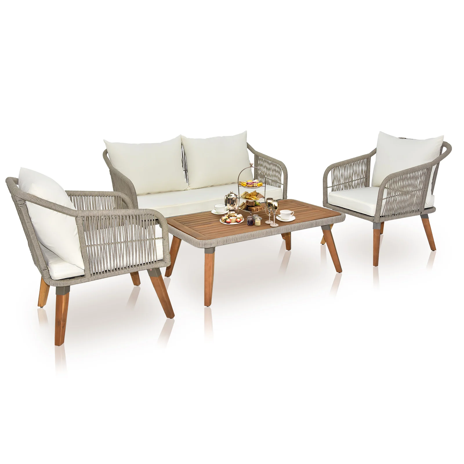 4 Piece Patio Furniture Set, Outdoor Acacia Wood Conversation Set, All-Weather Rope Sofa Set