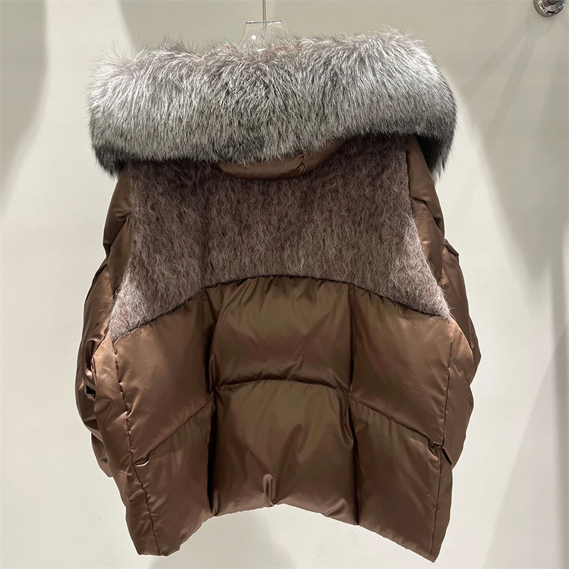 Women Winter Puffer Jacket, Mid Length Goose Down Coat, Oversized Fox Fur Collar, Hooded Thick Warm Quilted Down Jacket Fur Trim