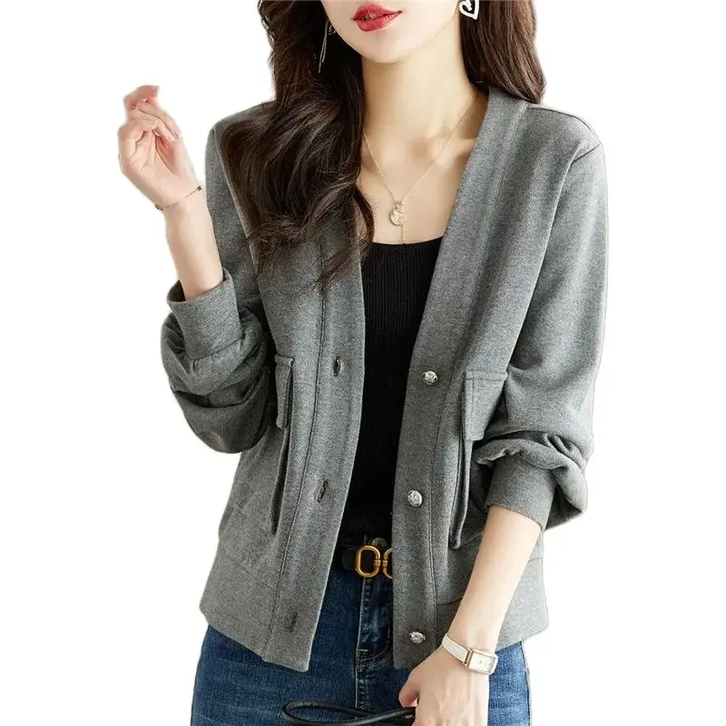

Spring Autumn Women's Cardigan Coat 2025 New Fashion Leisure Warm Jacket Knitting Tops V-Neck Grey Pure Colour Outerwear Female