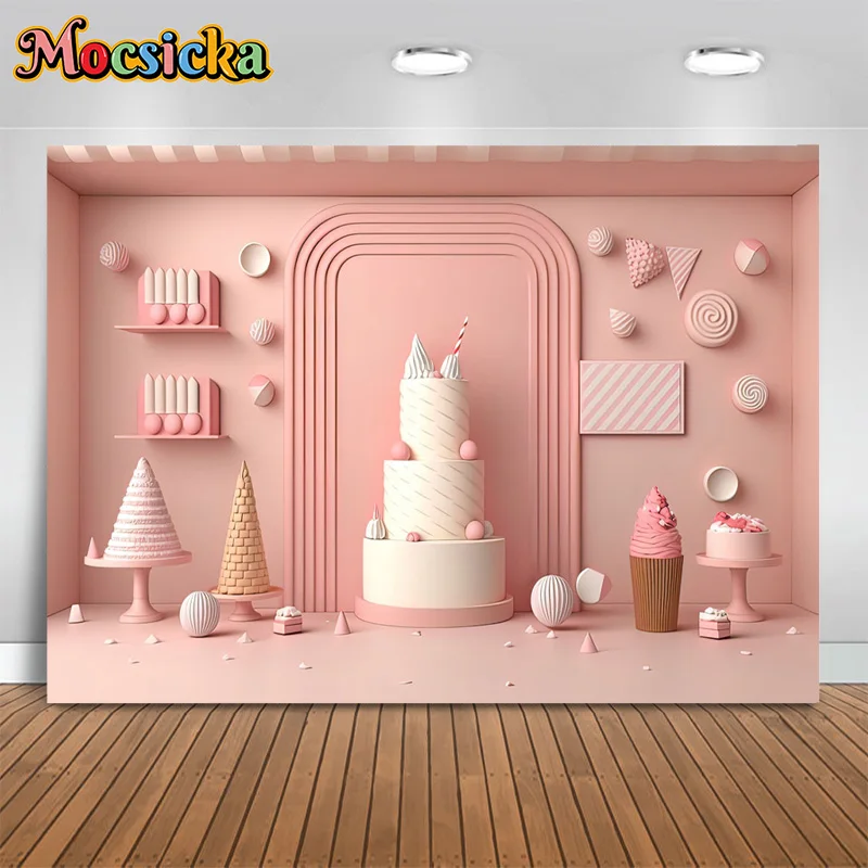 

Mocsicka Photography Background Pink Girls Birthday Party Cake Dessert Backdrop Baby Show Kids Portrait Photo Studio Banner