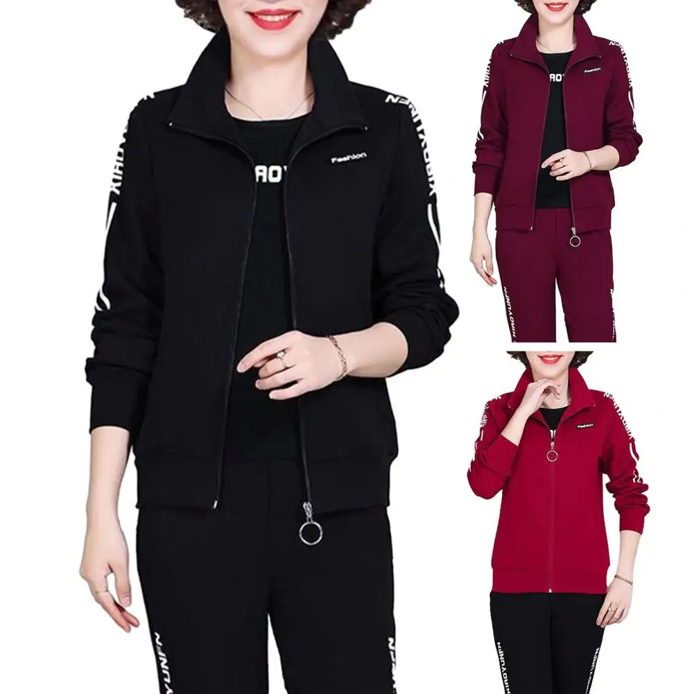 3Pcs Women Fall Winter Suit Zipper Closure Lapel Coat Short Sleeve Top Elastic Waist Pants Soft Warm Mid-aged Women Tracksuit