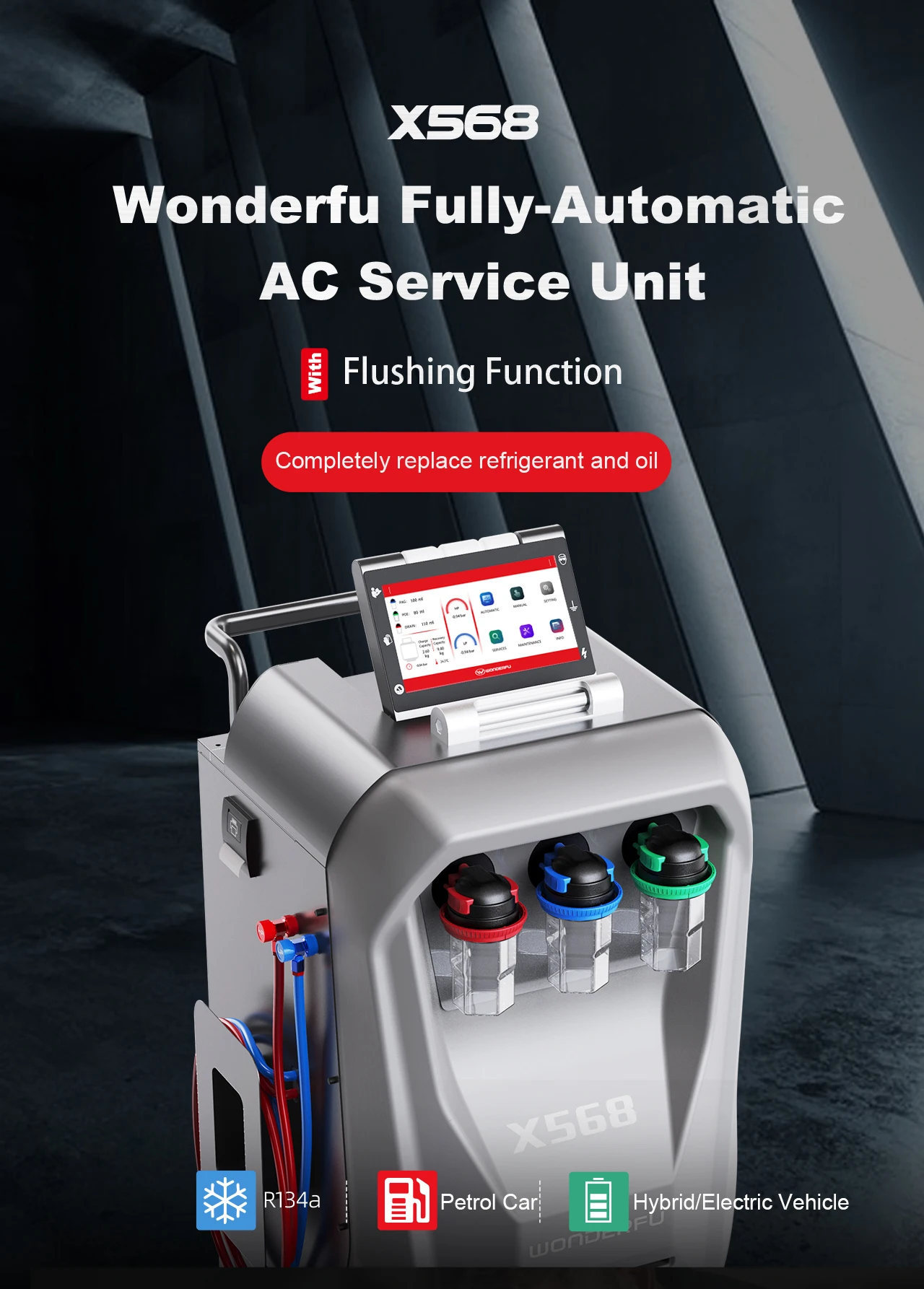 

Automatic Touch Screen R134A AC Conditioner Gas Recycle Machine X568 A/C Recovery & Flush Machine With Refrigerate Database