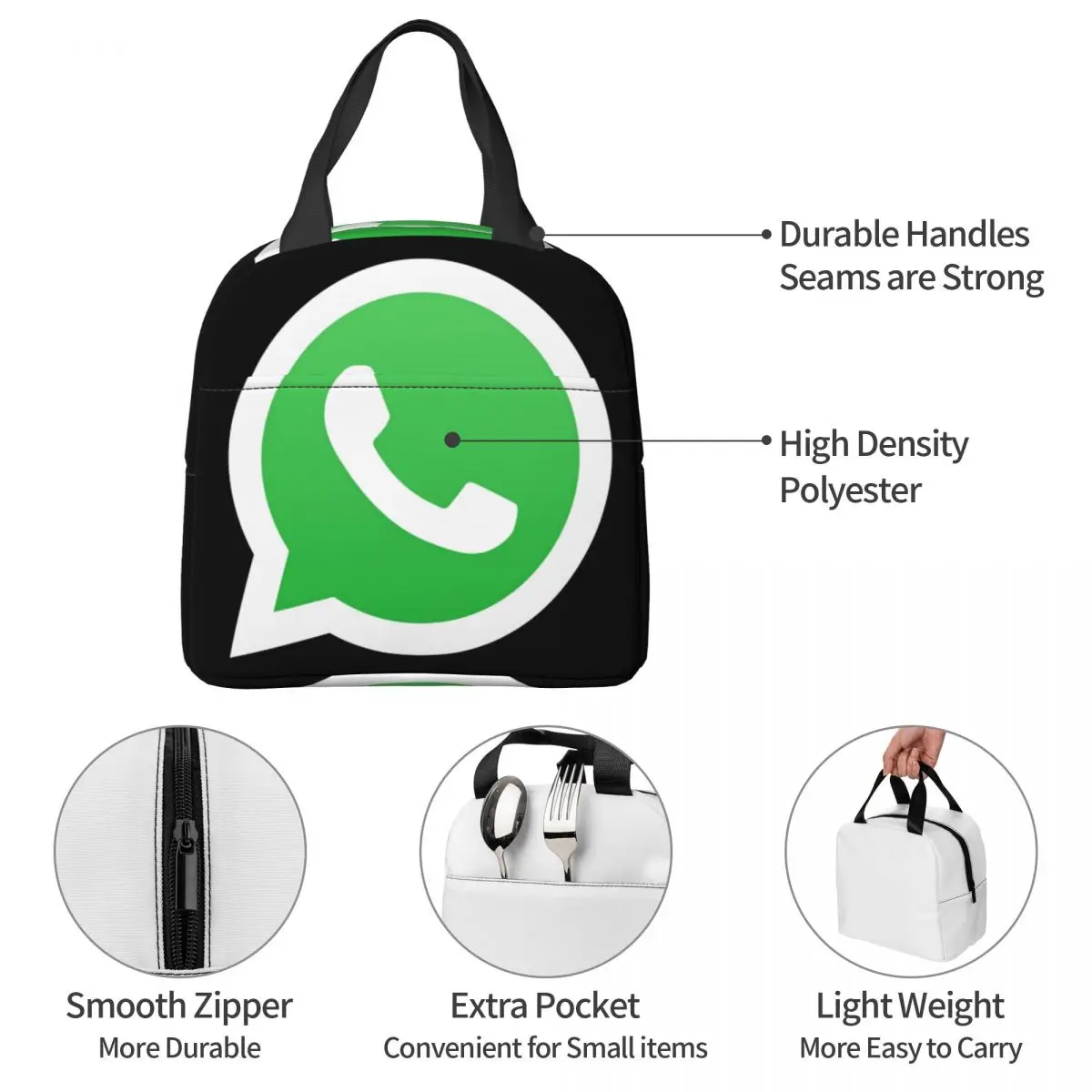 WhatsApp Logo Lunch Bag Unisex Portable Cooler Insulated Lunch Box Food Bento Box