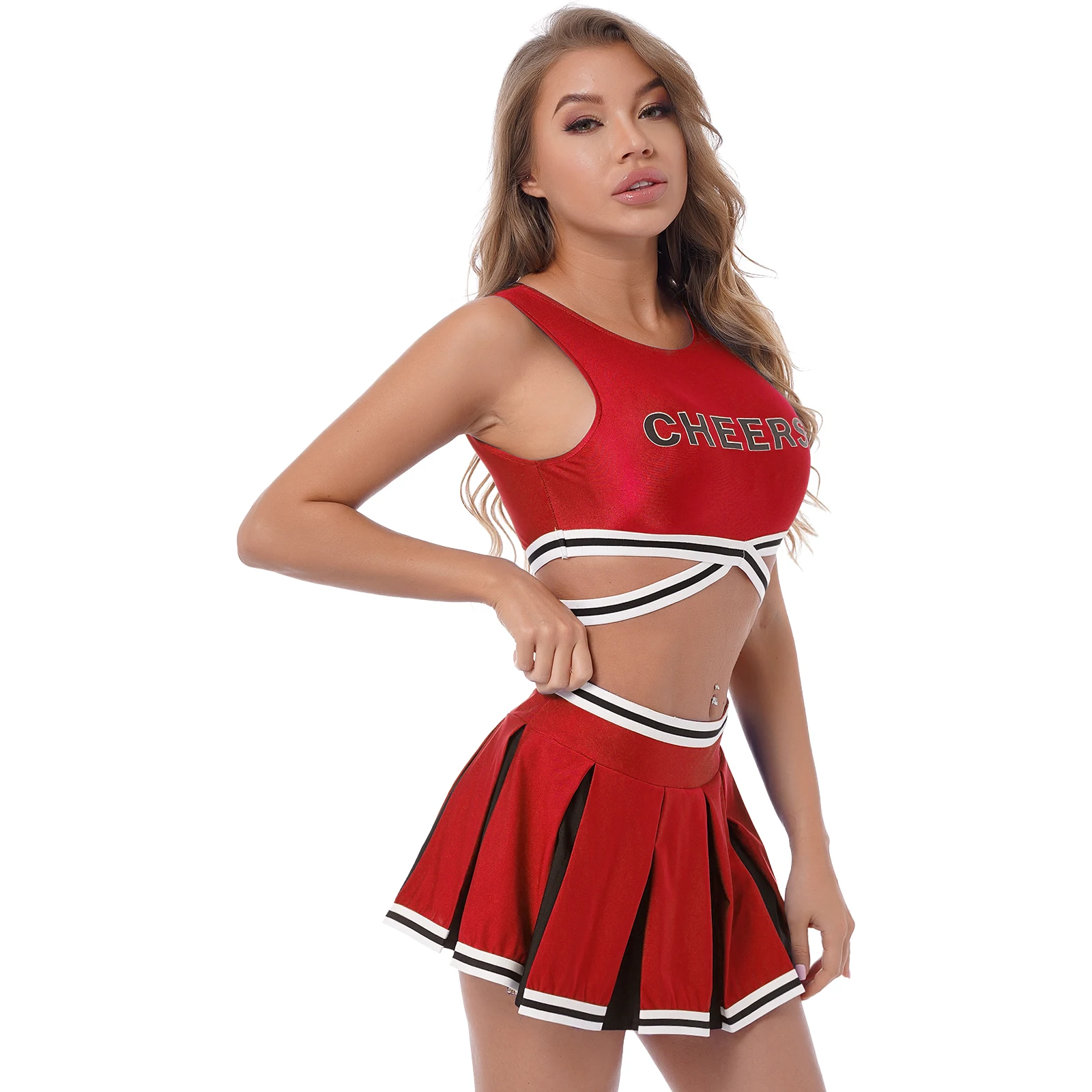 Women Adults Cheerleading Uniforms Cosplay Costume Cheerleader Outfit Crop Top with Pleated Skirts Team Sports Dance Performance