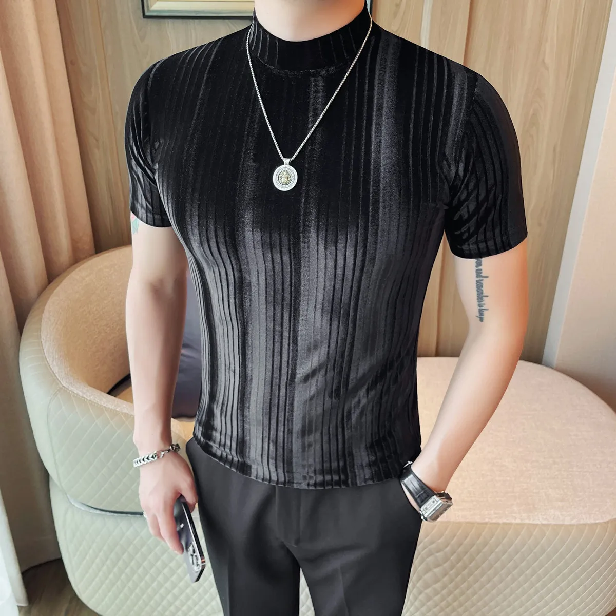 Spring/Summer Velvet Gradient T-shirt Men Short Sleeved High Neck Casual T-shirt Sim Fit Elastic Streetwear T Shirt Men Clothing