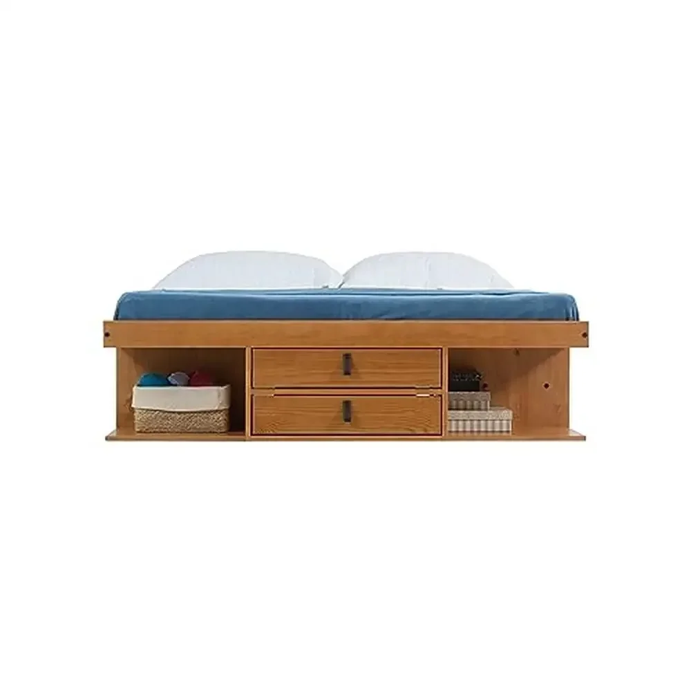 Bali Cama de almacenamiento tamaño Queen de roble con cajones y estantes, estructura de plataforma de madera maciza, 6 cajones y 4 estantes, fácil montaje, 880 lb