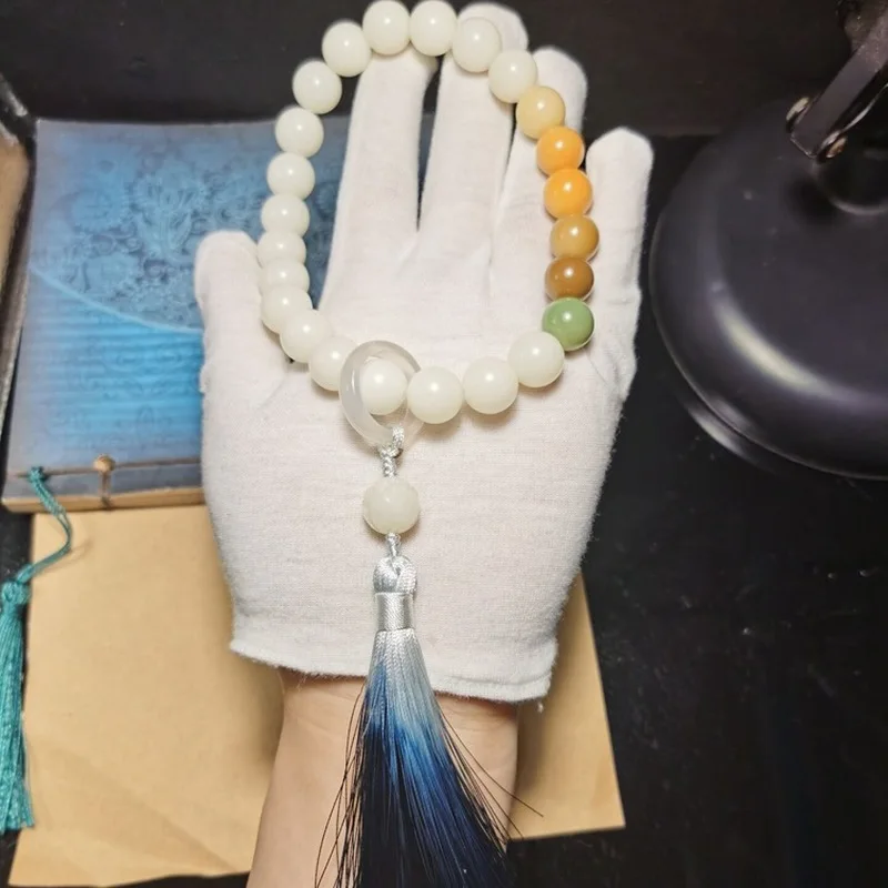 Natural white jade bodhi root round beads multi-color gradient tassel hand-held bodhi seed Buddhist prayer bead bracelet
