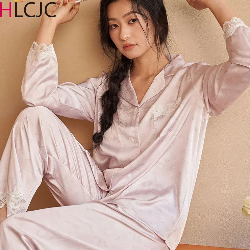 

2024 New Solid Lace Pajamas for Women's Spring and Autumn New Lazy Style Sweet Homewear Silk Satin Pajamas for Women Sleepwear