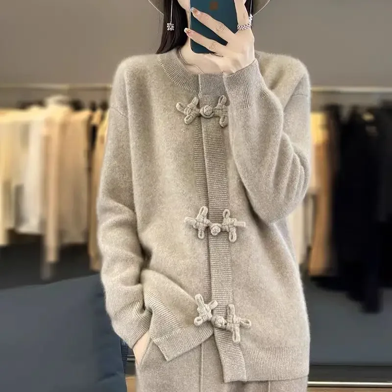 Autumn Winter Knitwear Women Cashmere Cardigan O-neck Chinese Style Bow Button Knitted Wool Thick Loose Sweater