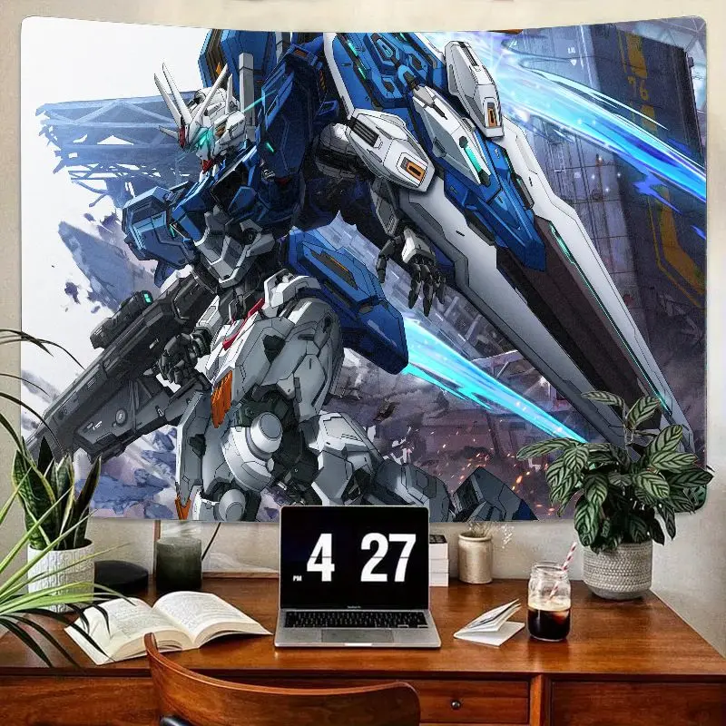 

1 шт., синий и белый гобелен с роботом-меха, футуристическая броня, разрушенный городской пейзаж, настенный подвесной для спальни, декора гостиной