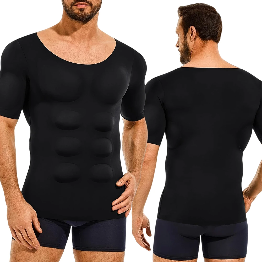 Breathable Men Fake Muscle Compression T-Shirt, Fake Chest & Shoulder Padded Shaper Underwear, Elastic False Muscle Undershirt