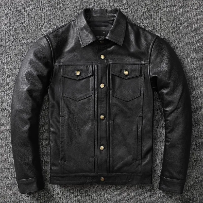 

New calfskin top layer leather men's lapel short motorcycle