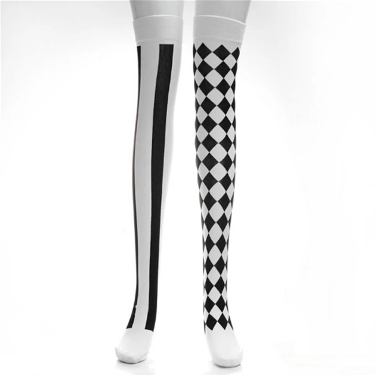 N38R_Clown جورب طويل مخطط عمودي غير متماثل فوق الركبة لجميع القديسين #4