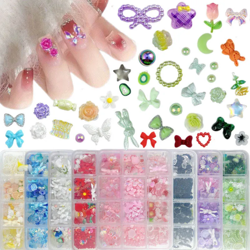 

1Box Colorful Mixed Resin Flowers Heart Nail Charms 3D Minimalist Bows Star Nail Art Decoration DIY Manicure Crafts Accessories