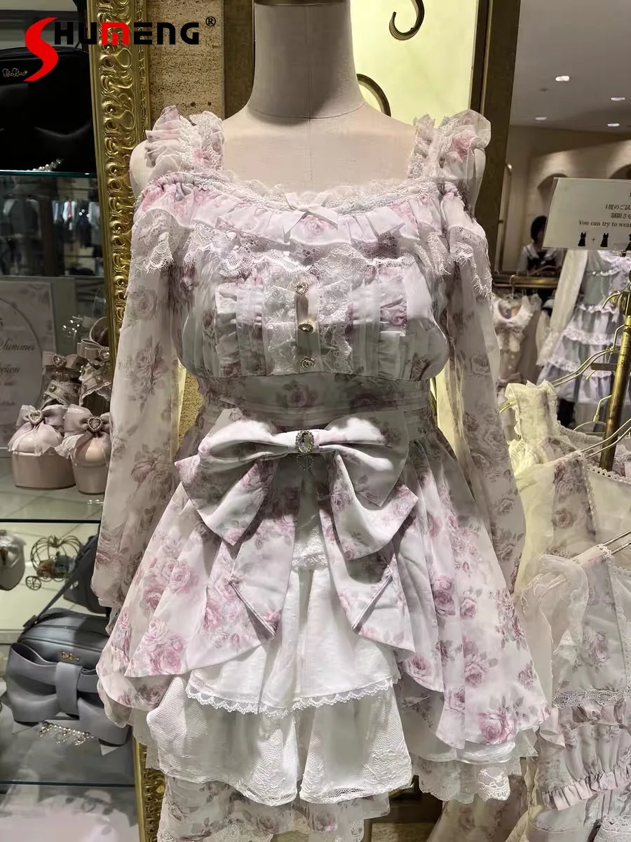 

Liz Dress Set Japanese Cute Girl Sweet Lolita Bow Lace Pearl Chain Off-Shoulder Top Skirt 2-Piece Princess Tea Party Dress Set