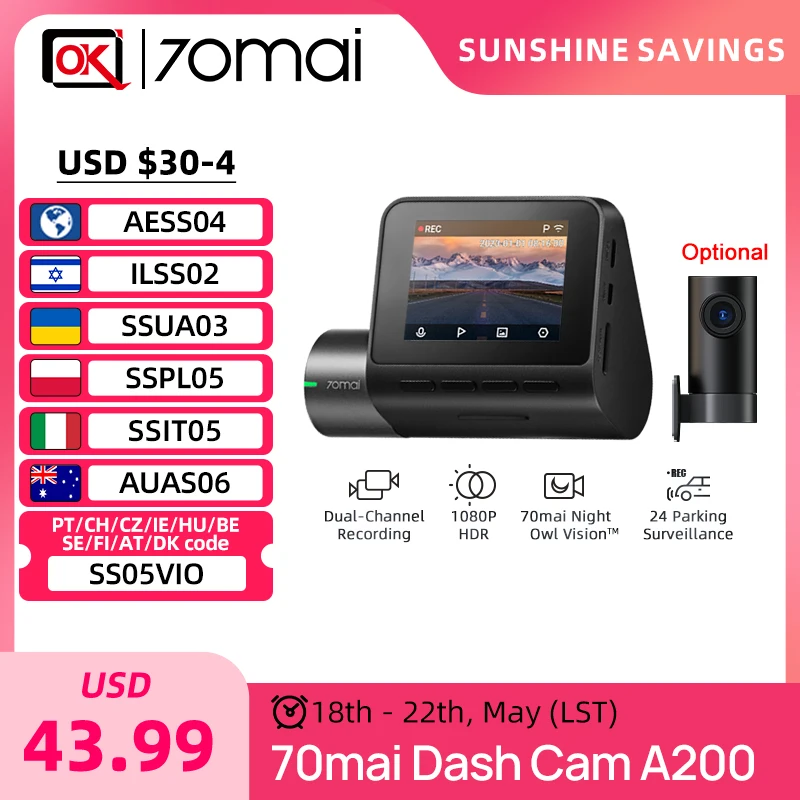 70mai Dash Cam A200 1080P HDR Dual Channel Car DVR 130° FOV Car