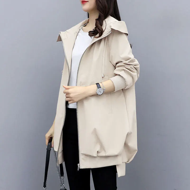 Women Autumn Fashion Simplicity Solid Color Loose Casual Hooded Windbreaker Women Clothes Medium to Long Style Temperament Coat