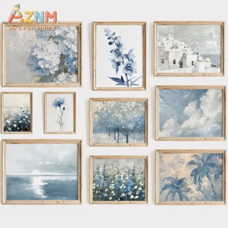 AZNM Blue Vintage Canvas Wall Art Hydrangea Floral Ocean Seascape Mediterranean Palm Tree Cloud Landscape Print for Living Room