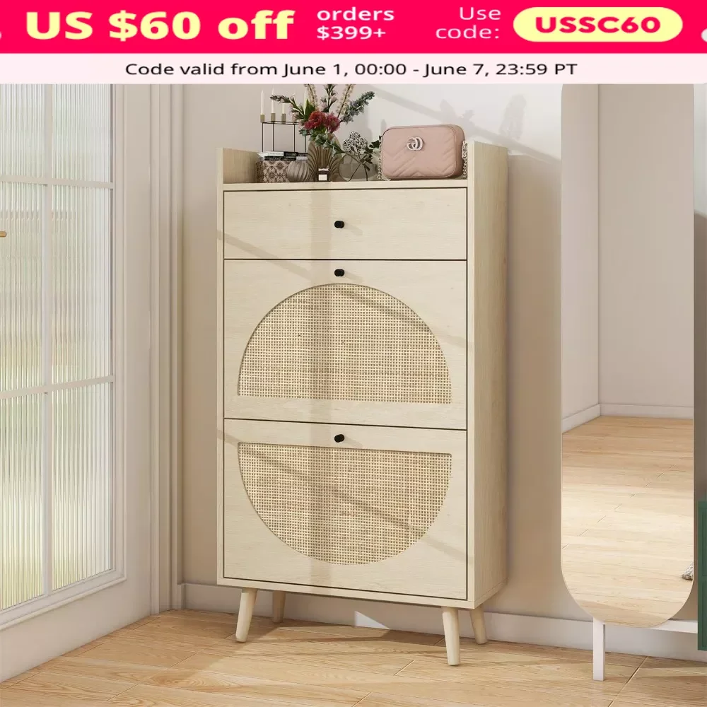 

Shoe Cabinets, 2 Flip Drawers Natural Rattan Cabinet, Furniture, Free Standing Shoe Rack, Shoes Cabinet