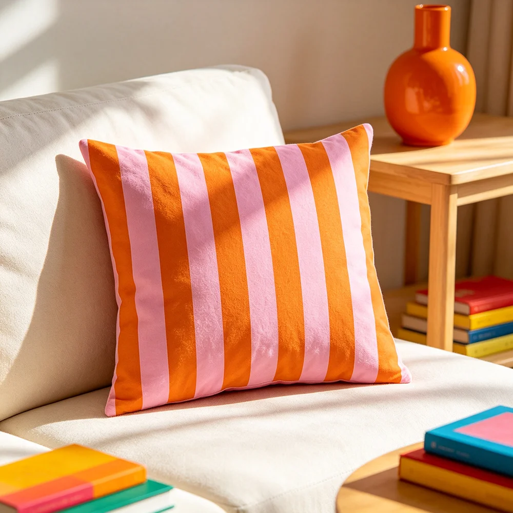 1PC Throw Pillow Cover,Orange White Vertical Stripe Print,Minimalist Modern Style,For Sofa Bedroom Couch Home Decor