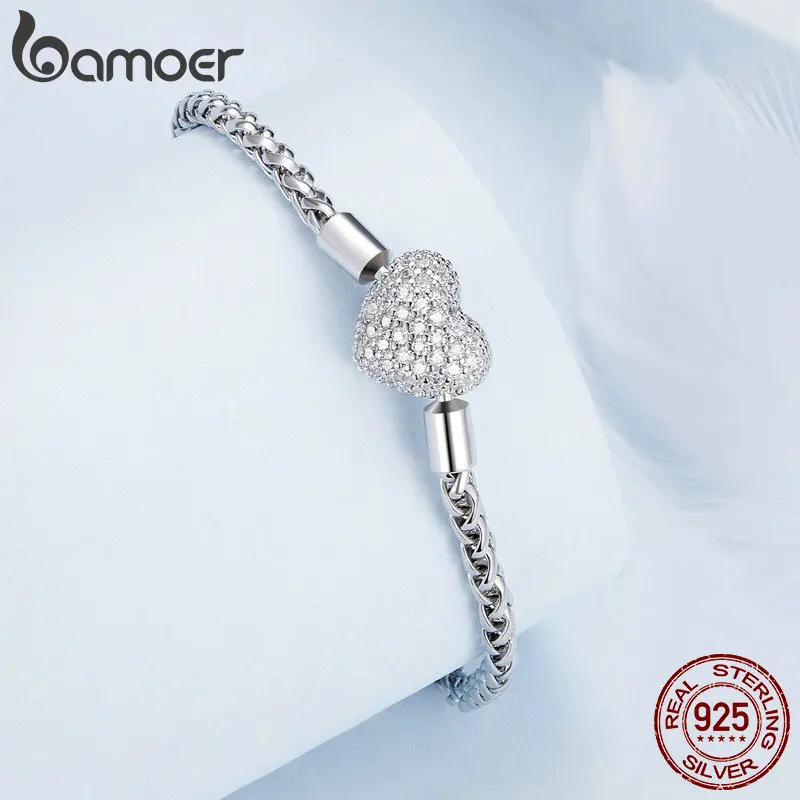 Bamoer 925 Sterling Silver Punk Style Braided Silver Chain Link Heart-Shaped Buckle Basic Bracelet  Pave Setting CZ for Women