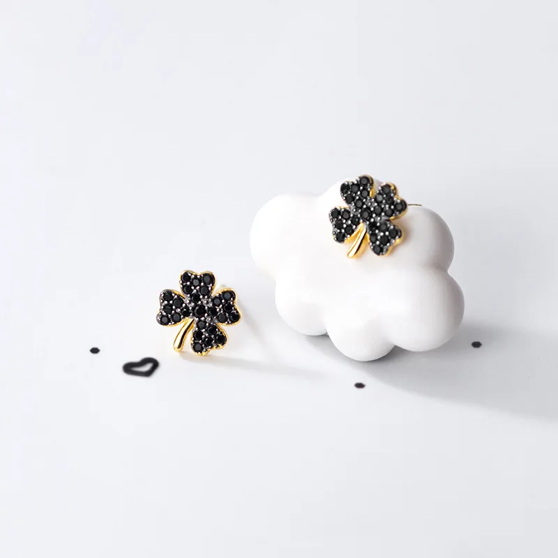 Silver 925 Earrings For Women Clover 925 Silver Earrings For Girls Stud Earrings For Women Irregular Black Zircon Daily Lucky