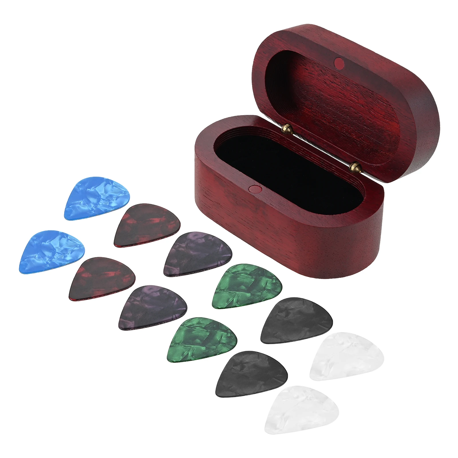12Pcs Celluloid Picks with Red Empty Wooden Guitar Pick Case Premium Guitar Pick Holder Guitar and Bass Gift Accessories
