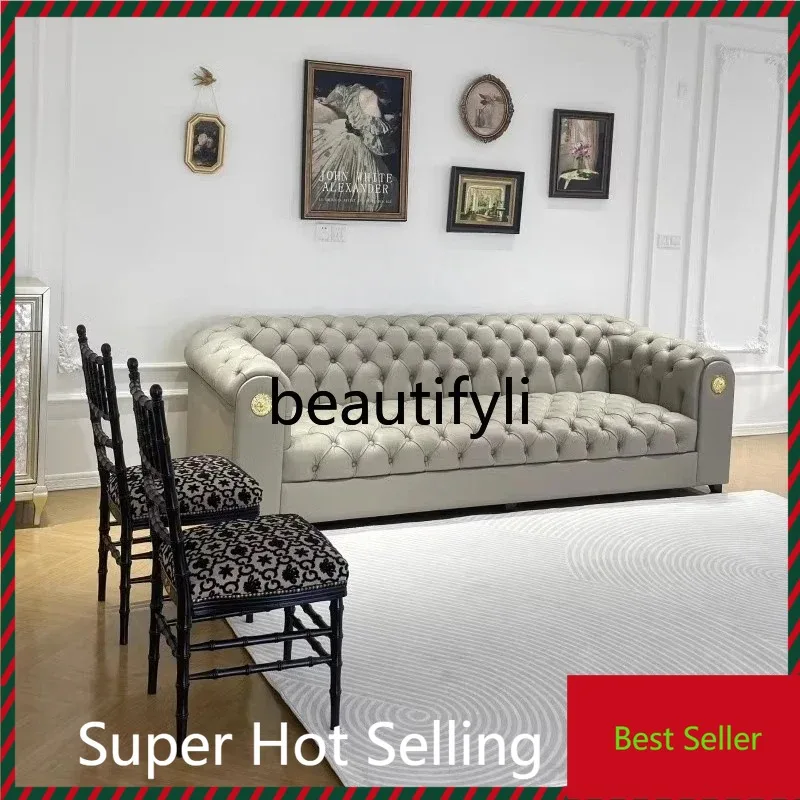 G80 French retro cream style leather sofa first layer cowhide straight row three pull button